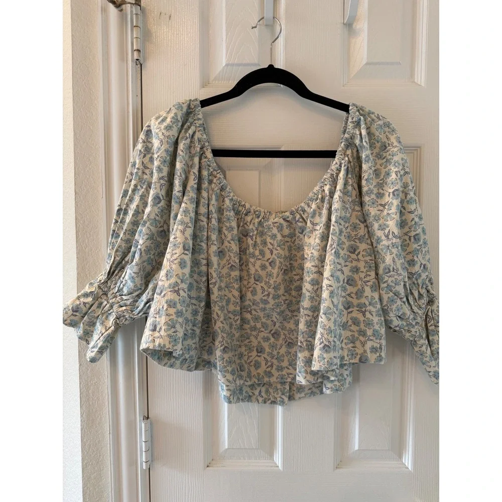 Free People James Smock Off Shoulder Floral Crop Top Blue Cottagecore Size S